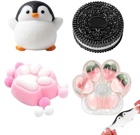 4 Piezas Taba Juguetes Sensoriales de Goma Suave, Set Antiestrés con Formas de Galleta Pata de Gato Fresa y Pingüino para Regalo de Cumpleaños Navidad