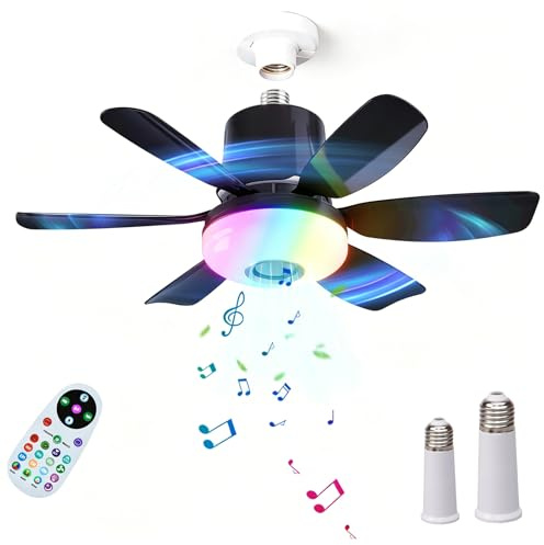 BININBOX LED-Deckenventilator mit RGB-Beleuchtung Dimmbar Leise mit E27-Fassung Deckenventilator mit 3 Stufen Timer-Funktion und Bluetooth-Lautsprecher für Schlafzimmer Wohnzimmer Küche (Schwarz)
