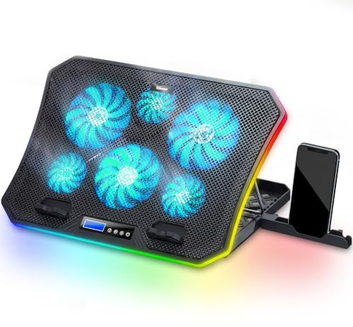TopMate C12 Laptop Kühler RGB Gaming Notebook Kühlpads für Schreibtisch und Schoß, Laptop Lüfter Ständer 8 Höhenverstellbar mit 6 Leisen Lüfter+Handyständer, für 15,6-17 Zoll -EisBlau LED Licht