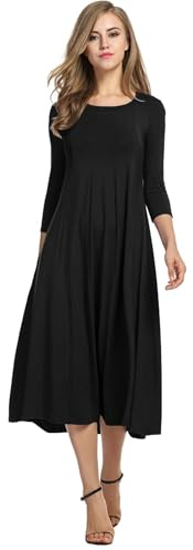 HOTOUCH Womens Flared Casual Tunic Jersey Swing Party Dress Women 3/4 Sleeve Midi Dresses(Black, XXL)