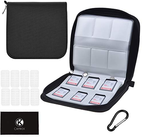 Estuche de Tarjetas de Memoria - Almacena hasta 88x SD, SDHC, Micro SD, Mini SD y 4X CF - Estuche con 88 Ranuras (8 Páginas) - para Almacenamiento y Viaje – Paño de Limpieza, Mosquetón y Etiquetas