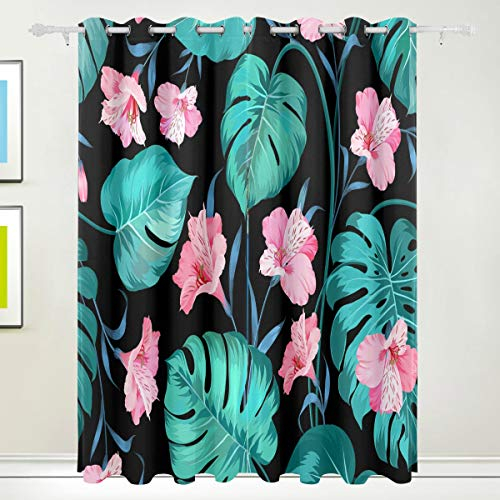 MONTOJ Verdunklungsvorhänge mit grünen Palmen und rosa Blumen, wärmeisoliert, mit Ösen, für Schlafzimmer (2 Stoffbahn, B 107 x L 160 cm)