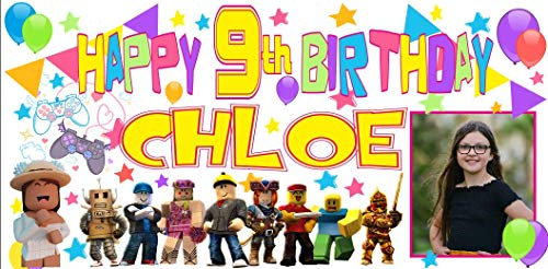 Striscione per compleanno da gioco, grande, personalizzabile con foto (122 x 61 cm) 4° 6° 7° 8° 9° 10° 11° 12° 13° 13° adolescente (Roblox con foto)