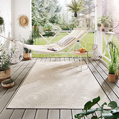 Steffensmeier Indoor Outdoor Teppich Nyland wasserfest Kunststoff Balkon Garten Flur, strapazierfähig und pflegeleicht, Kreise Beige, Größe: 200x200 c