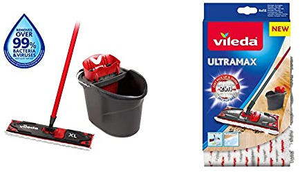 Vileda Ultramax XL Set Complet Edition Extra Large & Recharge Balai à Plat Officielle Compatible UltraMax/Ultramat/1.2.Spray - Version 2en1 Microfibre, Blanc et Rouge