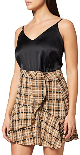 IPEKYOL Womens Belted Detail Plaid Pattern Skirt, Brown, 42