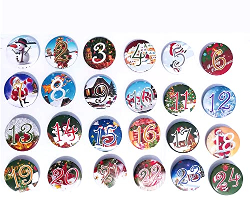 Duories 24 Adventskalender Zahlen Buttons Anstecker,Weihnachtskalender Adventskalenderzahlen Nummer Buttons für Kalender zum selber basteln Weihnachtskalendern-Jutesäckchen