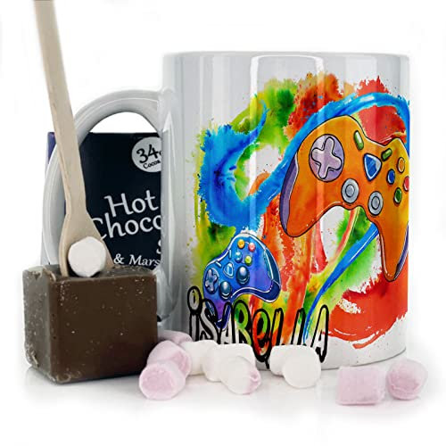 Hairyworm Personalised Mug and Belgian Milk Chocolate/Hot Chocolate Stirrer Marshmallow Gift Set, Customised with Name (11oz) White, Yellow, Blue, Black, Pink Mug with Orange Gaming Controller Design