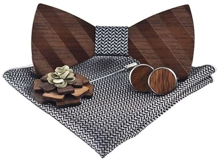 Handgefertigte Holzfliege Herren, Passendes Einstecktuch Corsage Manschettenknöpfe und Geschenkbox, Verstellbares Hölz Fliege Set für Hochzeit Abschlussfeier Aufführungen Tägliche Gebrauch (B)