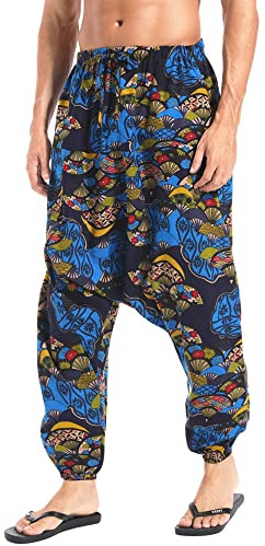 AITFINEISM Men's Drawstring Casual Hippie Harem Pants Loose Drop Crotch Trousers (4XL, Style Blue)