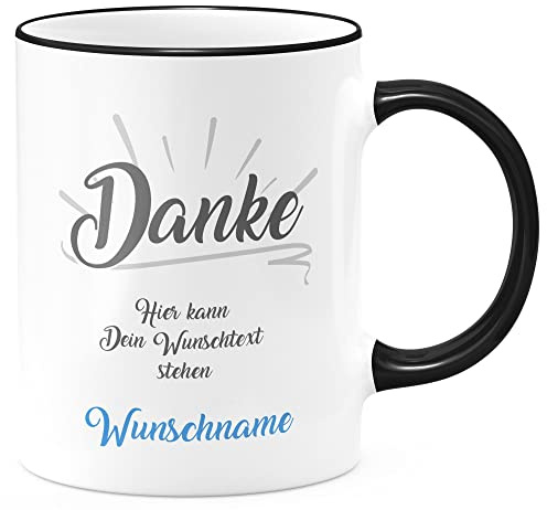 FunTasstic Tasse Danke Tasse mit Wunschtext und Wunschname blau Kaffeebecher spülmaschinenfest Tasse Büro Tee Kaffee Geschenkidee, Farbe:schwarz, Größe:Danke (blau)