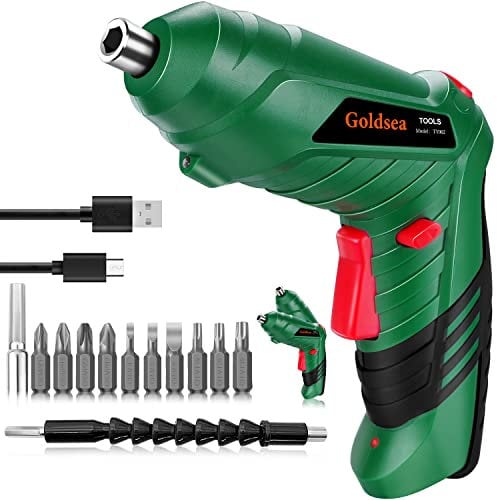 Goldsea Electric Screwdriver, Cordless Screwdriver Set Rotated 90 Degrees Electric Screwdrivers Handle 4.2V 2000mAh Rechargeable Lithium-Ion Battery w/LED Worklight & Charger, Green,red (TY002)