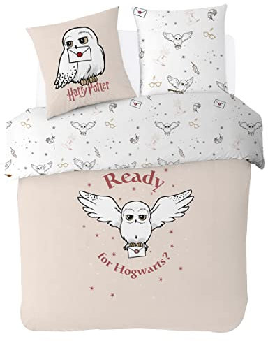 Warner - Housse De Couette Harry Potter Hedwige 2 personnes + 2 taies d'oreillers 63x63 cm - Ecru - 100% Coton