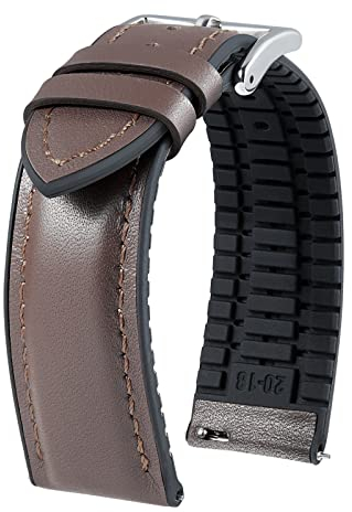 BINLUN Leder Uhrenarmbänder Silikon-Innenfutter Hybrid Elegant Schnellverschluss Lederarmband für Smartwatches Schwarze/Silberne Schnalle 6 Farben Herren Damen(Braun,22mm,Silberne Schnalle