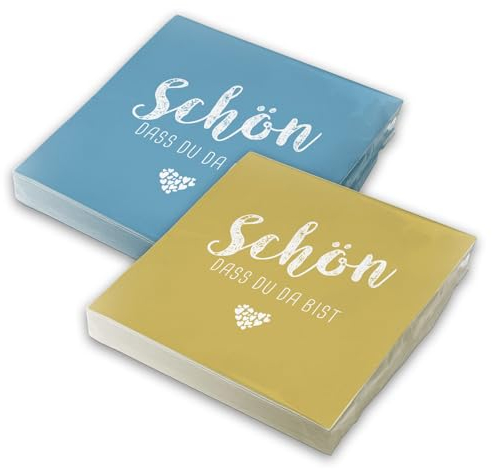 itenga Servietten Schön dass du da bist 30 x 30cm 3-lagig 40 Stück für Kommunion Konfirmation Hochzeit Taufe und andere Feiern (MixPack - 20x Nordic Blue und 20x CurryGelb)