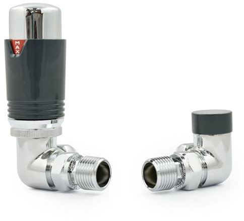 Hot Flow Chrome/Anthracite Estuary Corner TRV Thermostatic Radiator Valve (Pair) Includes Corner TRV Body, Wheel Head, Lock Shield. for Quick & Easy Temperature Control.