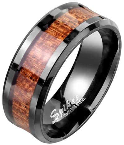 Taffstyle Band Ring Edelstahl Freundschaftsring Herrenring Damenring Partnerring Damen Herren Fingerring Holz Inlay Holzmaserung Schwarz Größe 65 (20.7)
