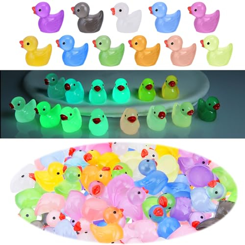 50 Stück Mini Leuchtend Enten Kleine Harz Enten Niedliche Miniatur Enten Leuchten im Dunkeln für Garten Puppenhaus DIY Basteln Enten Ornamente Aquarium Party Dekoration (12 Farben)