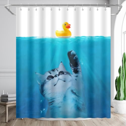 BIYSUC Lustiger Katzen-Duschvorhang, Ente unter Wasser, Ozeanblau, Tier, Kinder-Badezimmerdekoration, wasserdichtes Polyestergewebe, 183 x 152 cm (L x B) mit Haken, mag58