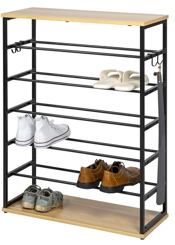 eluno Schuhregal für max. 18 Paar Schuhe, 2 Holzablagen, 4 Haken (schwarz)