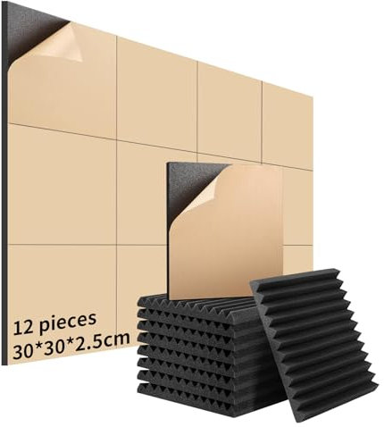 Lot de 12 Mousse Acoustique Autocollante, 30 * 30 * 2.5cm Haute Densité Panneaux Acoustique, Ignifuges Mousse Anti Bruit Mural pour Studios d'enregistrement, Salles de Musique, Bureau, Salle de Jeux