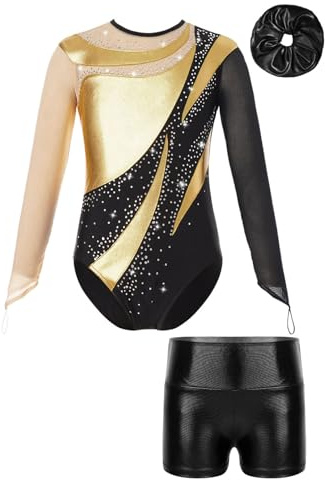 ranrann Enfant Fille Justaucorps Gymnastique Strass avec Short Ensemble Danse Gym Costume Spectacle Dancewear 5-16 Ans