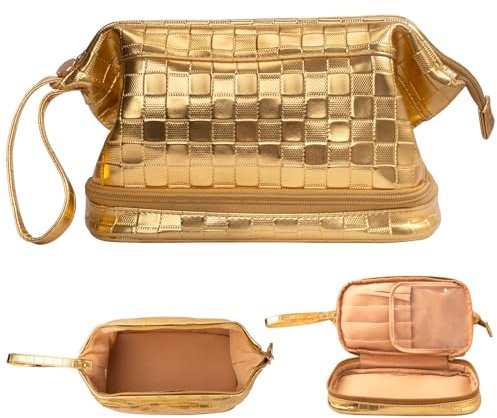 Abiudeng Makeup Bag PU Toiletry Bag for Women Large Capacity with Compartments, Portable for Travel-C-Gold
