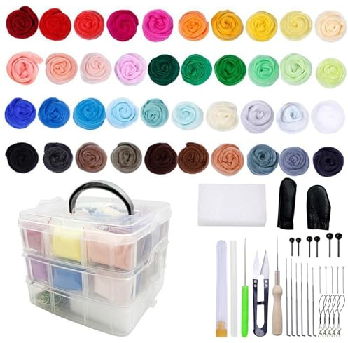 Set di feltro ad ago, 40 colori, set iniziale in lana di feltro Roving, set di base con aghi per feltro, strumenti di base e accessori, kit di base per infeltrimento fai da te e lavori manuali
