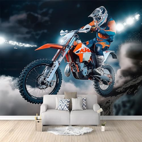 Générique Papier Peint Panoramique Sombre, 3D Peinte Pilote De Moto Sportive Intissé Murale, 300 x 210 cm (W x H) Photo Murale pour Salon Chambre d'enfants restaurant Décoration Murale