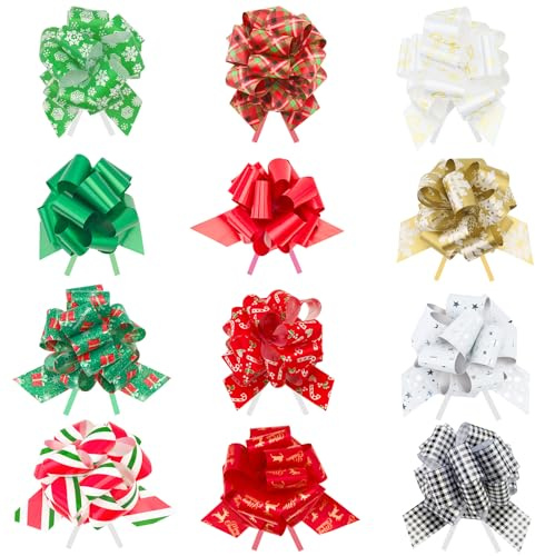 G2PLUS 24 Stück Weihnachten Geschenkschleife, Große Weihnachtsschleifen mit Geschenkband, Geschenk Ziehschleifen für Geschenkverpackung, Weihnachtsbaum, Weihnachtsdeko
