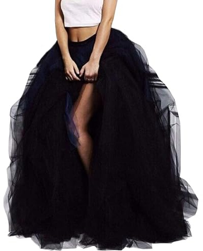 Edhomenn Jupe longue en tulle taille haute pour femme - Demi-jupe en maille bouffante fendue sur le devant - Jupe trapèze pour gâteau de princesse - Noir - Taille unique