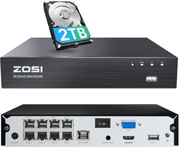 ZOSI 4K 8CH NVR PoE, mit Netzteil und 2TB HDD, Videoüberwachungsrekorder für PoE IP Kamera, 2MP 5MP 8MP 4K, nur verwendbar mit ZOSI PoE Kameras