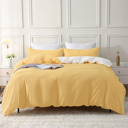 SOULFUL Housse de Couette 240x260 Coton, Jaune Ensembles de Housse de Couette avec Fermeture Éclair, 100% Coton Lavé, Texture Lin, Parure de Lit 240x260 Coton avec 2 Taie d'oreiller 65x65 cm