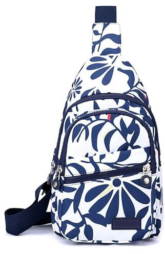 GreatRise Brusttasche Herren und Damen Klein Schulter Tasche Umhängetasche Sling Bag Handy Gürteltasche Crossbody Tasche Stylische Handtasche für Outdoor- Sport Reise Einkaufen Weiß mit Blau Blumen
