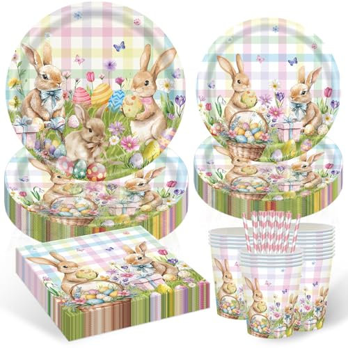Ostergeschirr Papiergeschirr - Happy Easter Pappteller, Ostern Servietten, Osterhase Abendessen Dessert Pappteller für Ostern Dekoration, Geschirrset Ostern Party Tischdeko für Kinder Party-20 Gäste