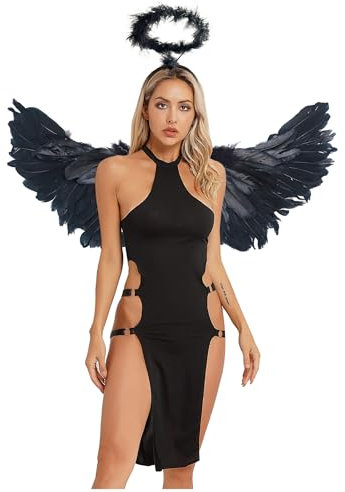 Fldy Disfraz para mujer, alas de ángel negro, halo y ranura alta, juego de vestido de Halloween, disfraz de carnaval, fiesta, juego de rol, negro, L