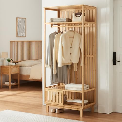 [en.casa] Garderobenständer Ypäjä offener Garderobenschrank mit Kleiderstange Flurgarderobe 187 x 80 x 47 cm Jackenständer Bambus Standgarderobe