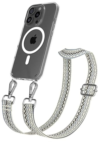 EAZY CASE Handykette - Verstellbares Taschenband kompatibel mit iPhone 16 Pro, Schulterriemen, Handykordel mit Silikon Hülle, Qi Charging kompatibel, Umhängetasche, Beige Blau Silber