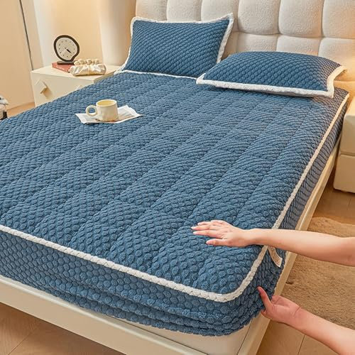 Homxi Spannbettlaken Universal und 2 Kissenbezüge,90 x 200 cm,Boxspringbetten mit Matratze Flanell Einfarbige Farbe mit Kariertem Muster Bettbezüge Einzelbett Dunkelblau