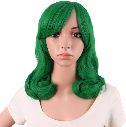 MapofBeauty 16 Inch/40 cm Short Side Bangs Medium Curly Wig (Grass Green)