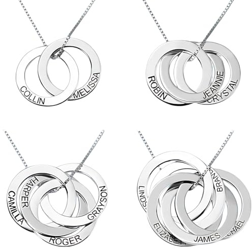 Benutzerdefinierte russische Ringe, Sterling Silber personalisierte Familie Halskette, ineinandergreifende Kreis Ewigkeit Halskette, Familie Namensring, verbundene Ring Halskette, Geschenke für Mutter