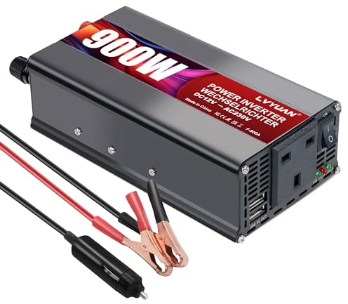 LVYUAN 900W Car Power Inverter 12V to 240V Converter, UK Outlet and 2 USB-A Charging Ports - Charge Your Laptop, Pad, Phone, Tablet and More
