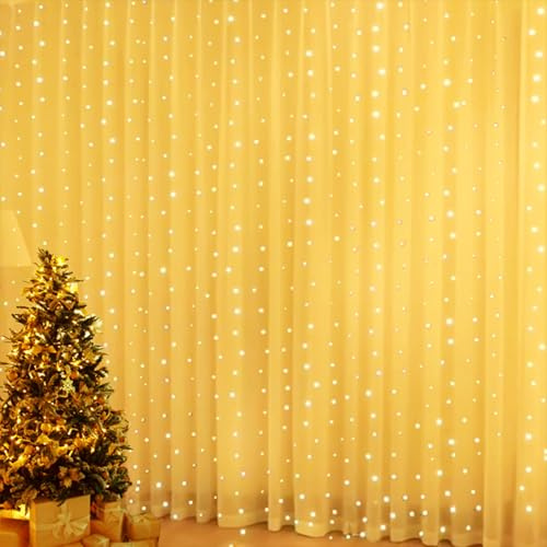 Vulisox Curtain Fairy Lights Battery Powered - 3mx3m 300LED Curtain Light, Waterproof, 8 Modes Timer Remote Adjustable Brightness- Fairy Lights for Christmas/Garden(Warm White)