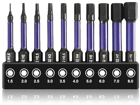Hex Allen Key Drill Bit Set, 10 Pcs Alan Keys Hex Screwdriver Drill Bit Sets 50mm Impact Magnetic Allen Wrench Bits S2 Steel H1.5-H8