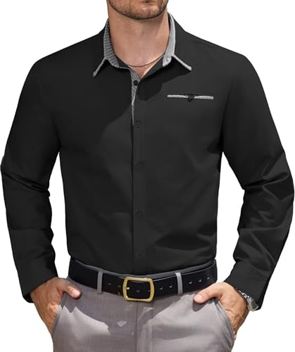Elainone Men's Dress Shirts Long Sleeve Formal Business Shirts for Men Contrast Colour Casual Shirts with Pocket Black L