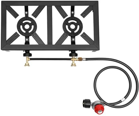Loobiiny Campingkocher Tischgasgrill,Gasgrill Edelstahl,Outdoor-Propangasherd Mit Regler-Schlauch,Gaskocher 2 Brenner Gasherd