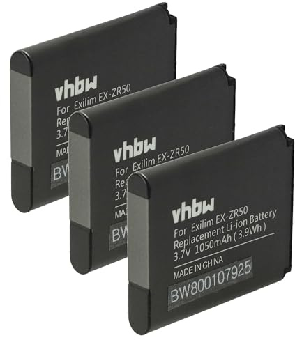 vhbw 3X Akku kompatibel mit Casio Exilim EX-ZR50 Kamera (1050 mAh, 3,7 V, Li-Ion)