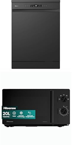 Bundle of Hisense HS622E90BUK Freestanding Standard Dishwasher- E Rated, Black + Hisense 700 Watts 20 Litre Inverter Microwave Oven H20MOBP1HIUK Black, Automatic Defrost, 5 power levels, Easy Clean