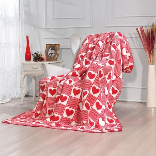 MaxxGoods Kuscheldecke Herz Rot/Weiß 160x200 cm - Weiche Wohndecke mit Herzmuster - Flauschige Sofadecke, Tagesdecke - Hautfreundliche Baumwollmix Decke für Sofa, Sessel, Bett - Romantisch & gemütlich