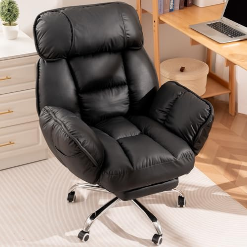Bürostuhl Ergonomisch mit Fußstütze, Komfort im Sofa-Stil, Weiche Armlehnen, Strapazierfähiges Kunstleder, Rückenlehne mit 5 Positionen, Höhenverstellbar，Gaming Stuhl mit Rollen, Chefsessel Schwarz
